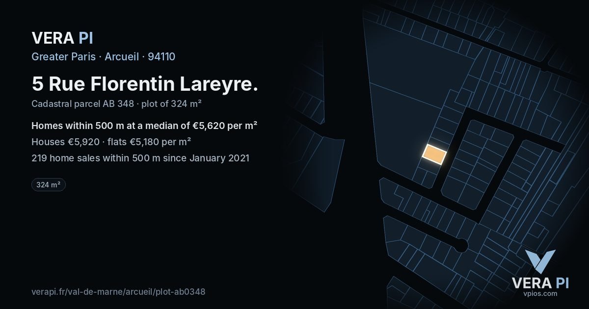 5 Rue Florentin Lareyre, Arcueil at night – the plot lit, the parcels around coloured by the prices near them