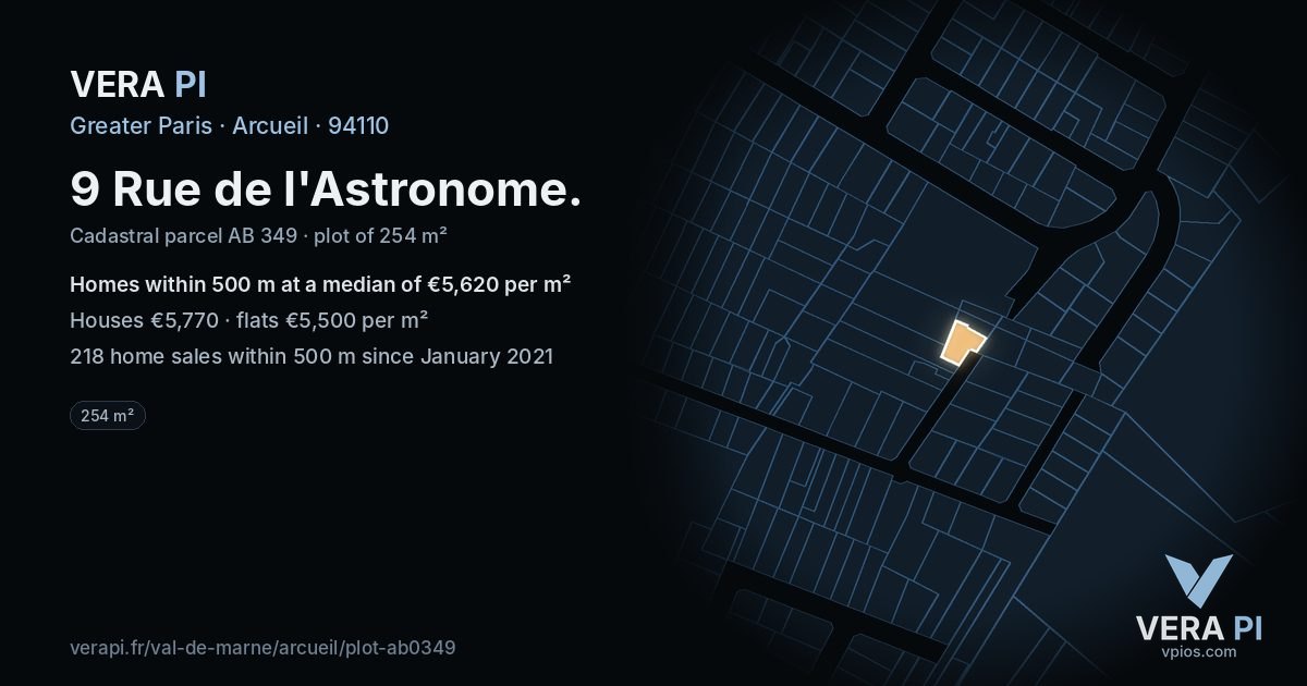 9 Rue de l'Astronome, Arcueil at night – the plot lit, the parcels around coloured by the prices near them
