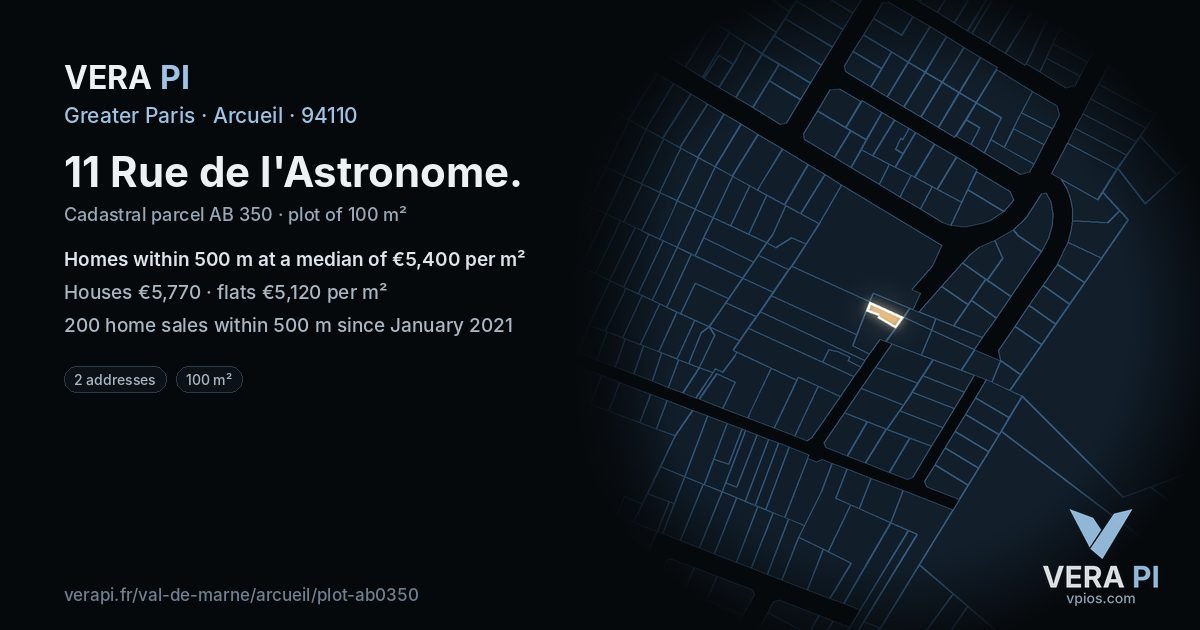 11 Rue de l'Astronome, Arcueil at night – the plot lit, the parcels around coloured by the prices near them