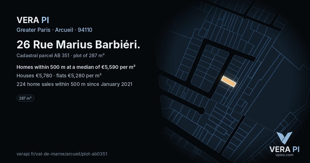 26 Rue Marius Barbiéri, Arcueil at night – the plot lit, the parcels around coloured by the prices near them