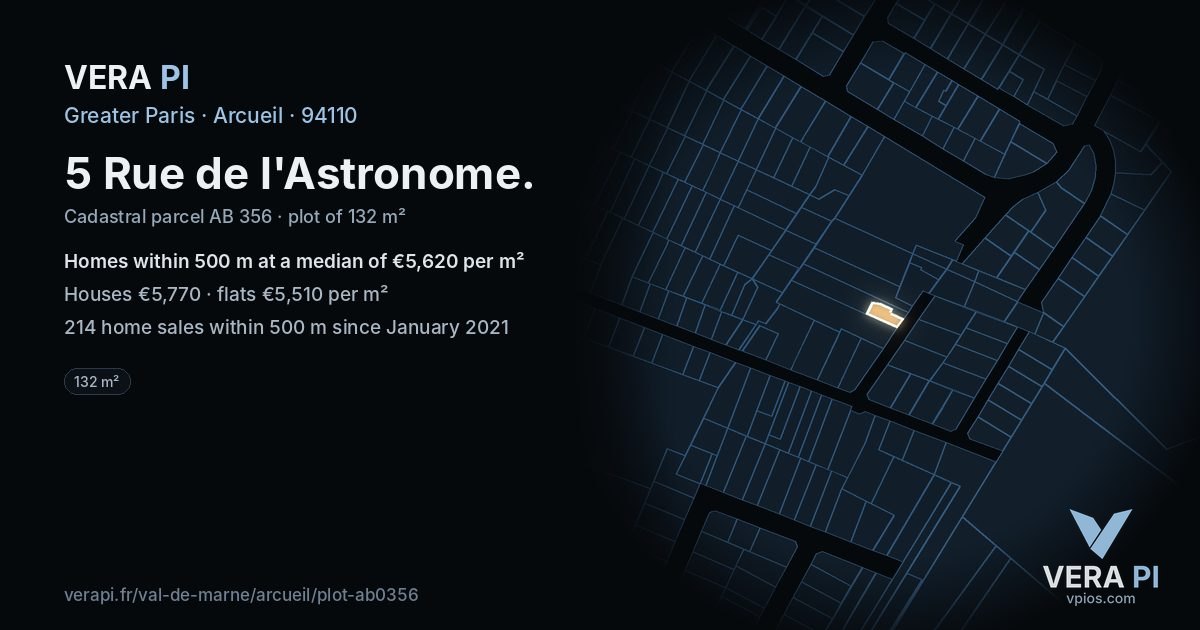 5 Rue de l'Astronome, Arcueil at night – the plot lit, the parcels around coloured by the prices near them