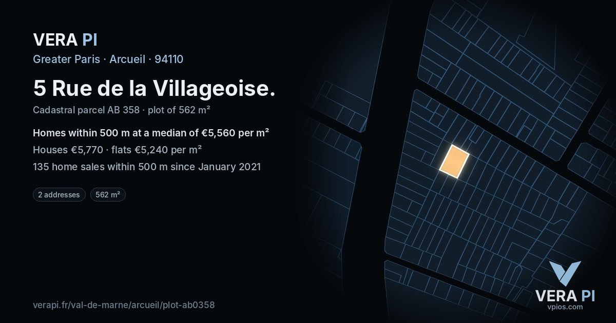 5 Rue de la Villageoise, Arcueil at night – the plot lit, the parcels around coloured by the prices near them