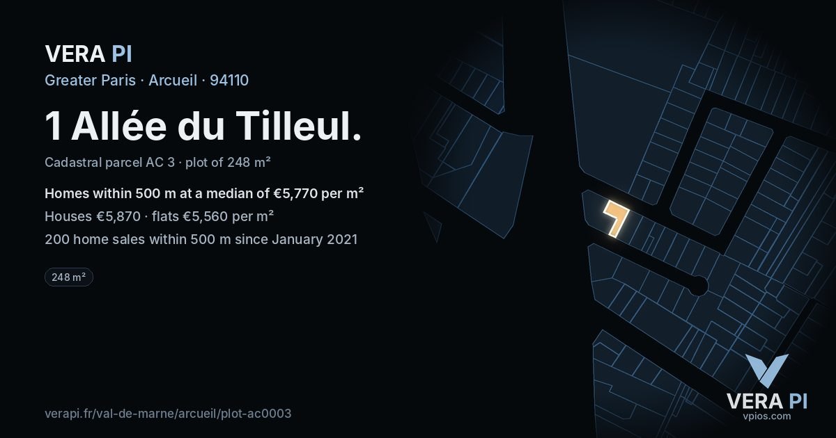 1 Allée du Tilleul, Arcueil at night – the plot lit, the parcels around coloured by the prices near them