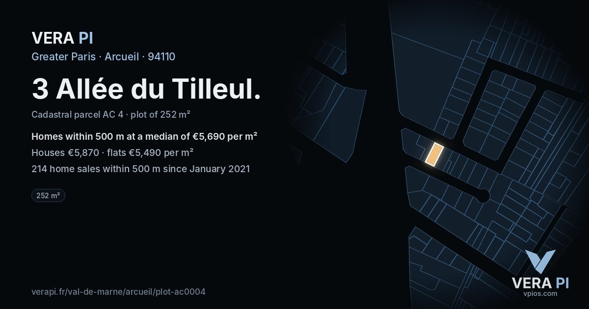 3 Allée du Tilleul, Arcueil at night – the plot lit, the parcels around coloured by the prices near them