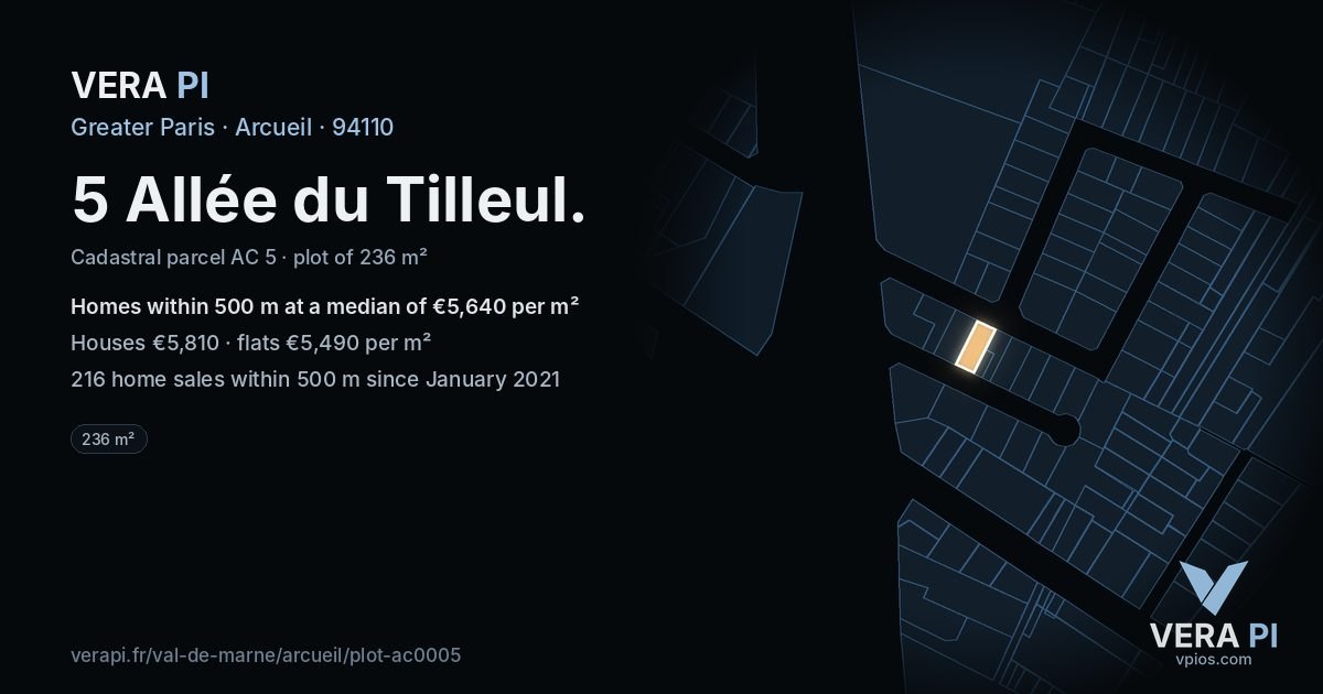 5 Allée du Tilleul, Arcueil at night – the plot lit, the parcels around coloured by the prices near them