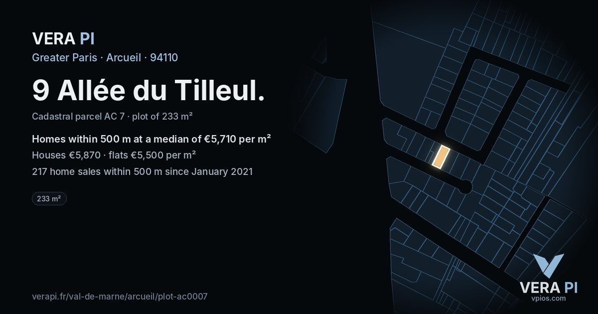 9 Allée du Tilleul, Arcueil at night – the plot lit, the parcels around coloured by the prices near them