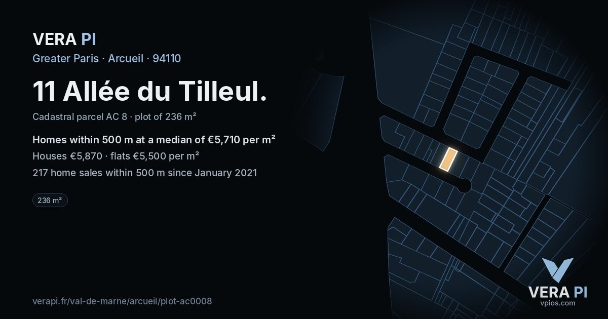11 Allée du Tilleul, Arcueil at night – the plot lit, the parcels around coloured by the prices near them