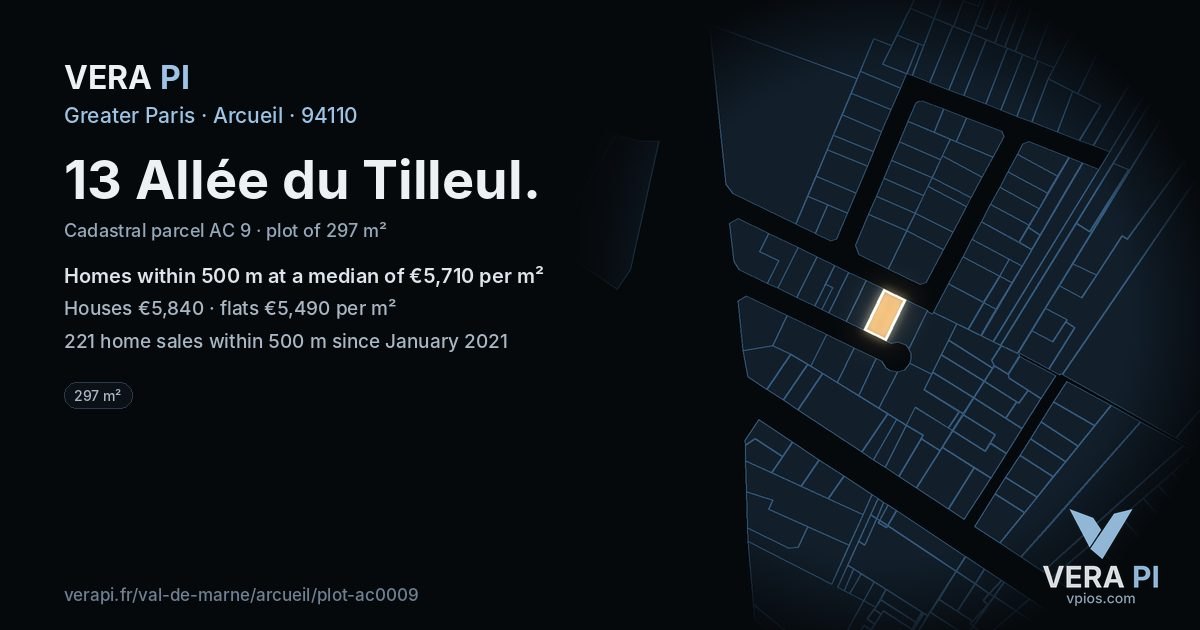 13 Allée du Tilleul, Arcueil at night – the plot lit, the parcels around coloured by the prices near them