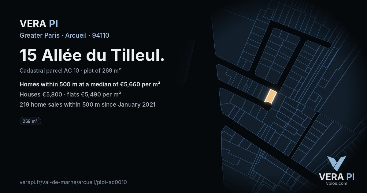15 Allée du Tilleul, Arcueil at night – the plot lit, the parcels around coloured by the prices near them