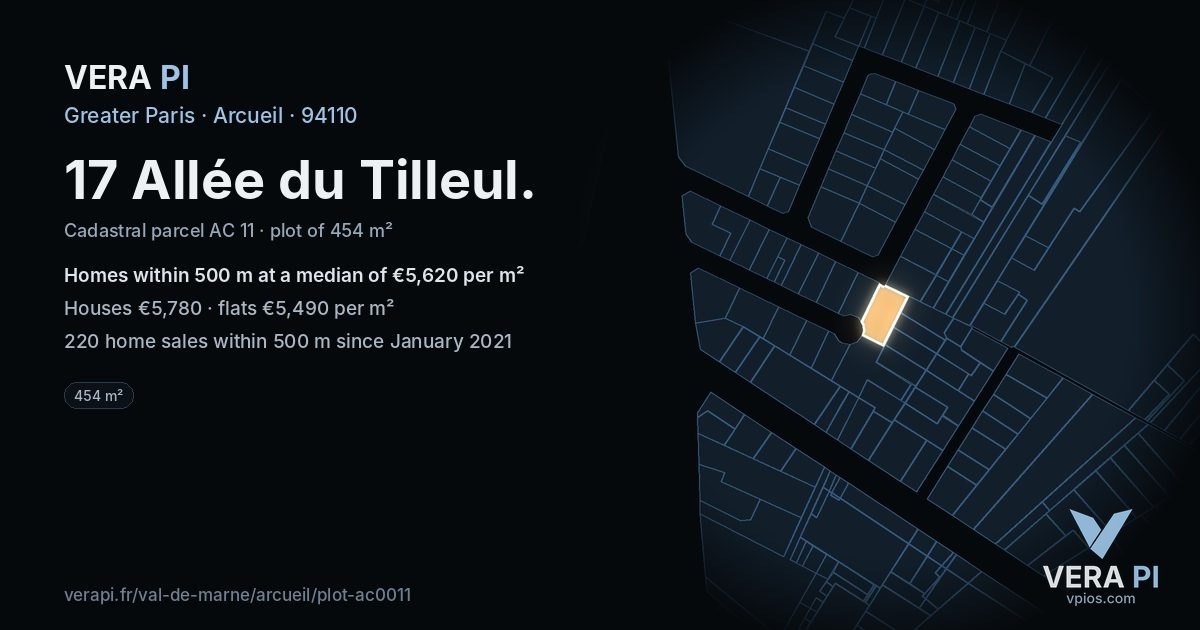 17 Allée du Tilleul, Arcueil at night – the plot lit, the parcels around coloured by the prices near them