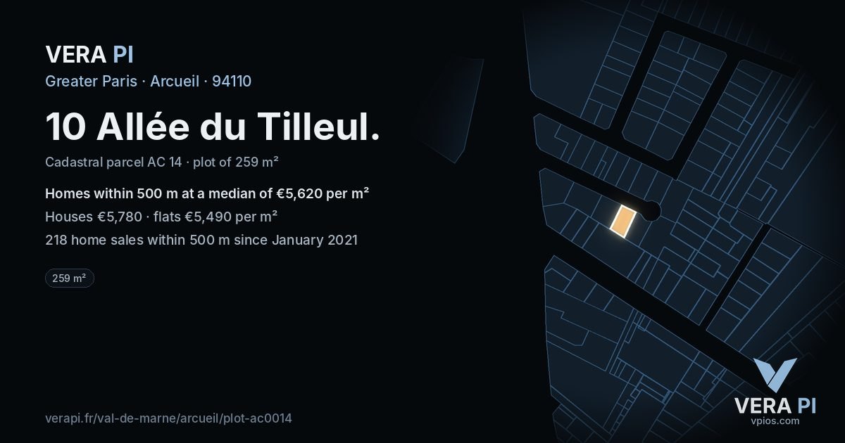 10 Allée du Tilleul, Arcueil at night – the plot lit, the parcels around coloured by the prices near them