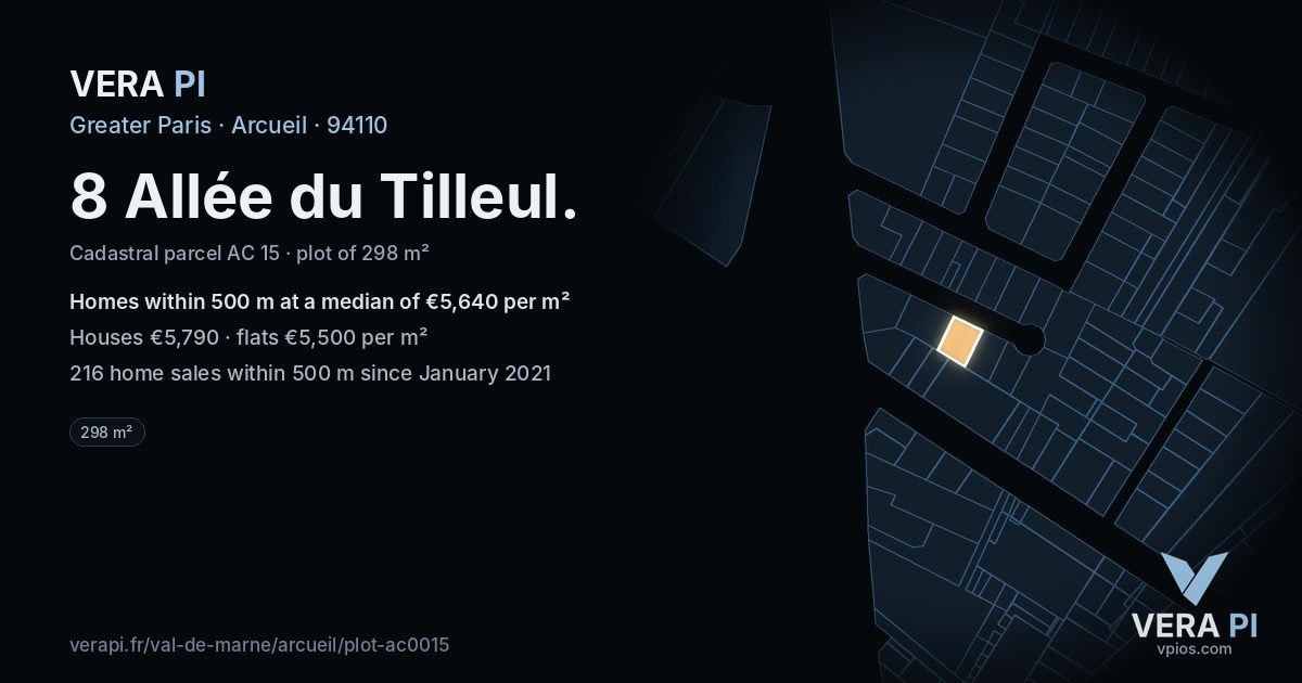 8 Allée du Tilleul, Arcueil at night – the plot lit, the parcels around coloured by the prices near them