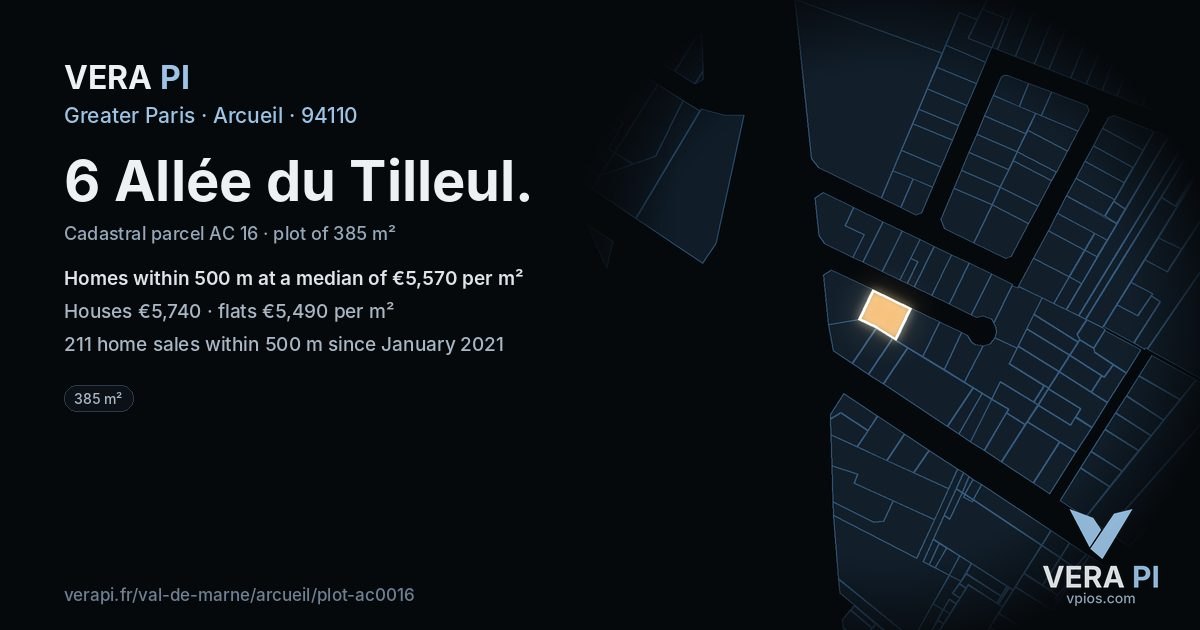 6 Allée du Tilleul, Arcueil at night – the plot lit, the parcels around coloured by the prices near them