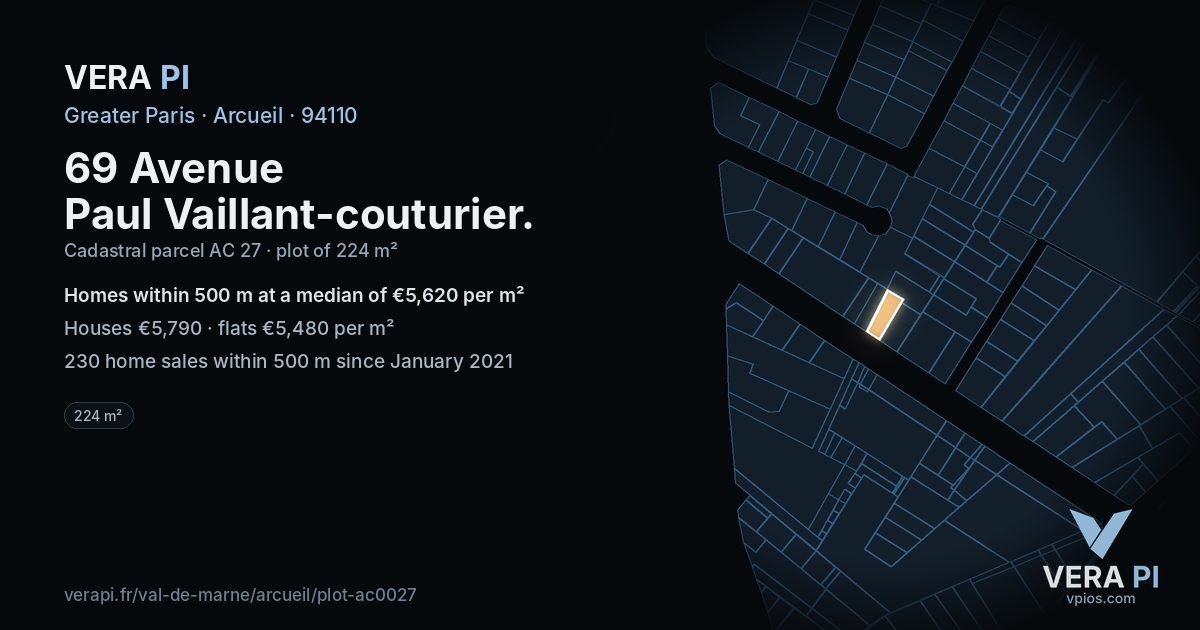 69 Avenue Paul Vaillant-couturier, Arcueil at night – the plot lit, the parcels around coloured by the prices near them