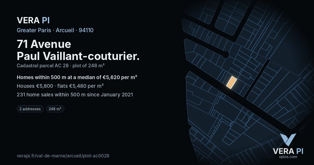 71 Avenue Paul Vaillant-couturier, Arcueil at night – the plot lit, the parcels around coloured by the prices near them