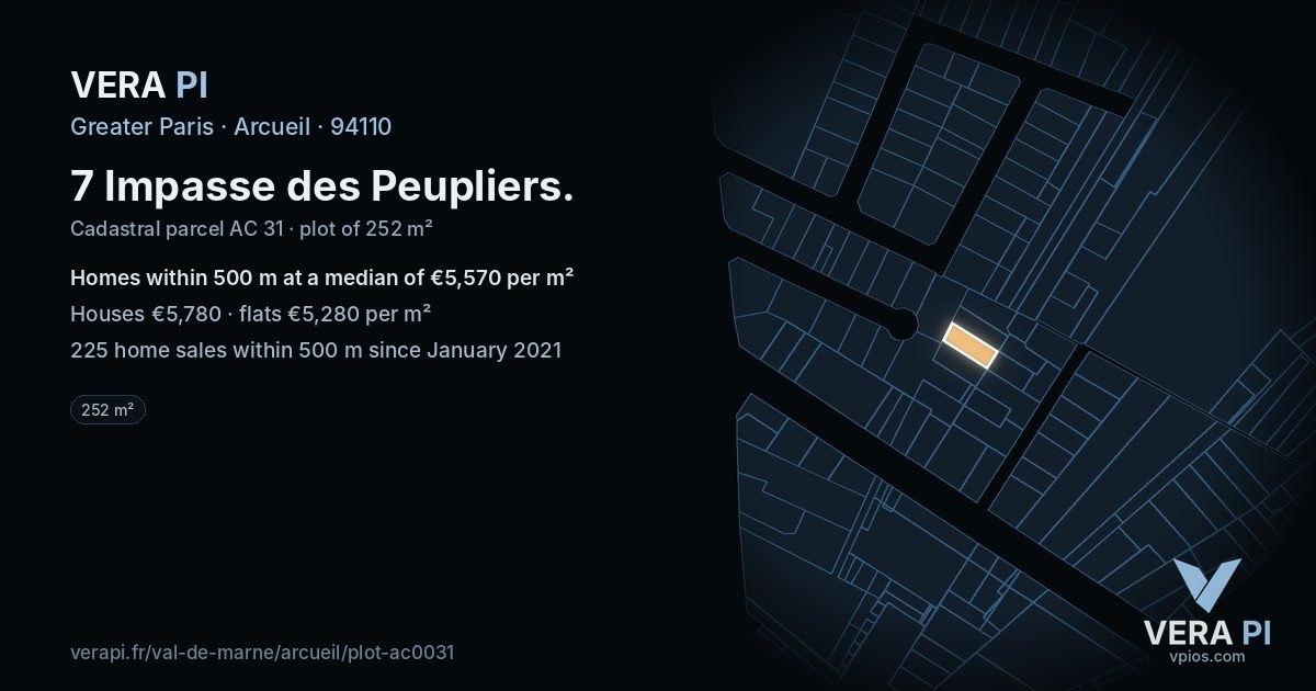 7 Impasse des Peupliers, Arcueil at night – the plot lit, the parcels around coloured by the prices near them