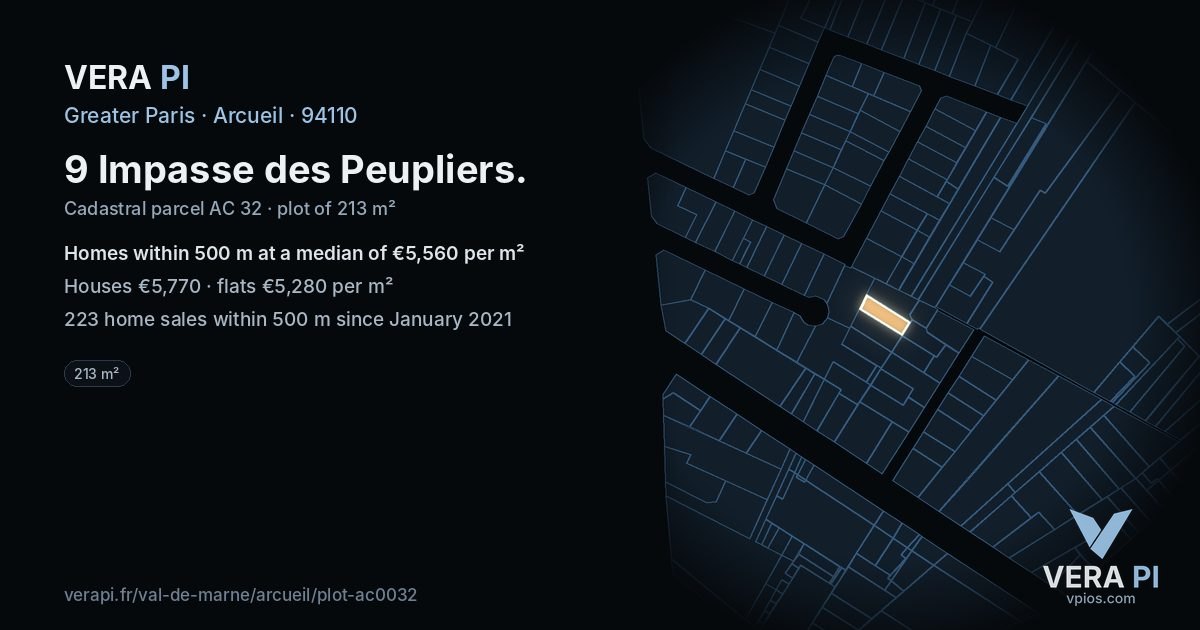 9 Impasse des Peupliers, Arcueil at night – the plot lit, the parcels around coloured by the prices near them