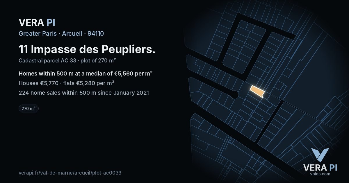 11 Impasse des Peupliers, Arcueil at night – the plot lit, the parcels around coloured by the prices near them