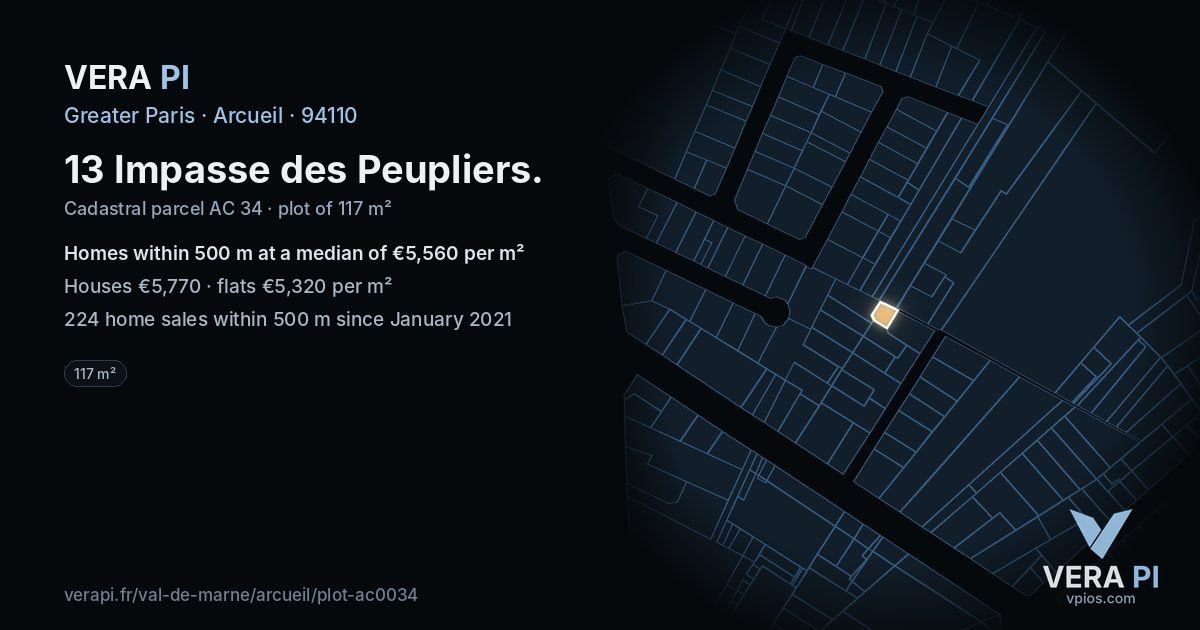 13 Impasse des Peupliers, Arcueil at night – the plot lit, the parcels around coloured by the prices near them