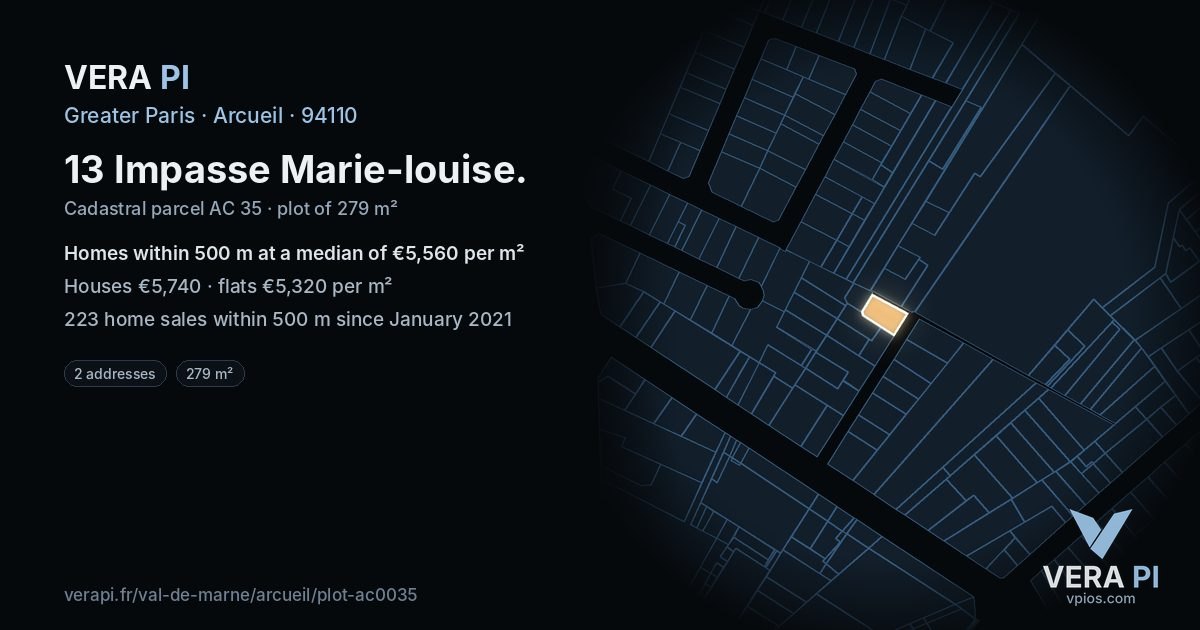 13 Impasse Marie-louise, Arcueil at night – the plot lit, the parcels around coloured by the prices near them