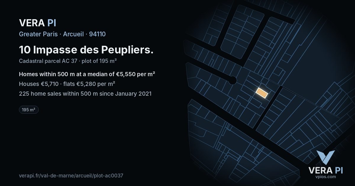 10 Impasse des Peupliers, Arcueil at night – the plot lit, the parcels around coloured by the prices near them