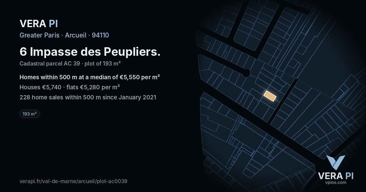 6 Impasse des Peupliers, Arcueil at night – the plot lit, the parcels around coloured by the prices near them