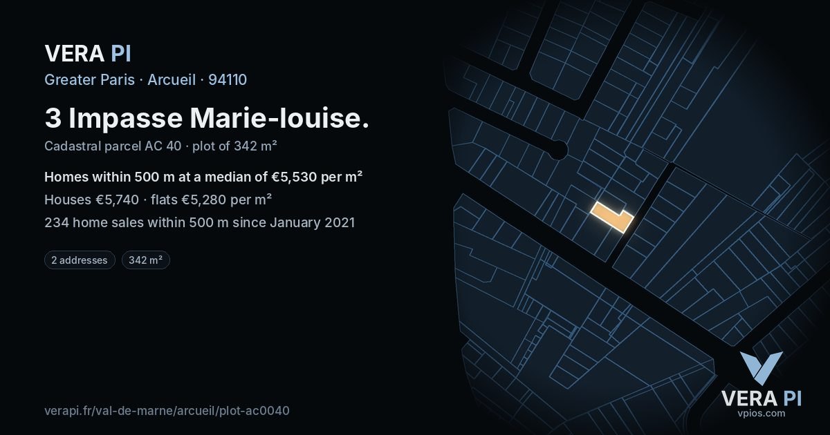 3 Impasse Marie-louise, Arcueil at night – the plot lit, the parcels around coloured by the prices near them