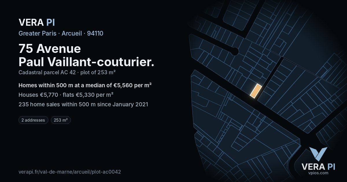 75 Avenue Paul Vaillant-couturier, Arcueil at night – the plot lit, the parcels around coloured by the prices near them