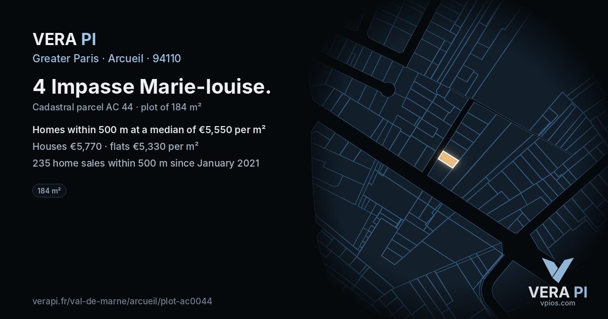 4 Impasse Marie-louise, Arcueil at night – the plot lit, the parcels around coloured by the prices near them