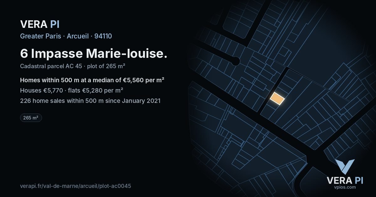 6 Impasse Marie-louise, Arcueil at night – the plot lit, the parcels around coloured by the prices near them
