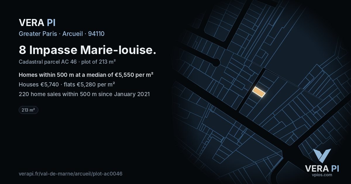 8 Impasse Marie-louise, Arcueil at night – the plot lit, the parcels around coloured by the prices near them