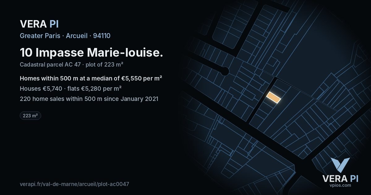 10 Impasse Marie-louise, Arcueil at night – the plot lit, the parcels around coloured by the prices near them