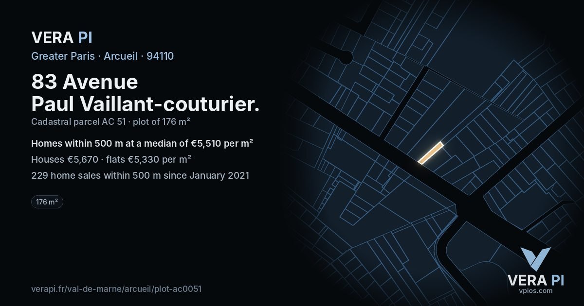 83 Avenue Paul Vaillant-couturier, Arcueil at night – the plot lit, the parcels around coloured by the prices near them