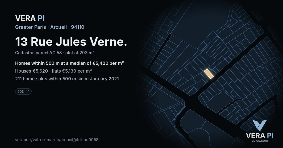 13 Rue Jules Verne, Arcueil at night – the plot lit, the parcels around coloured by the prices near them
