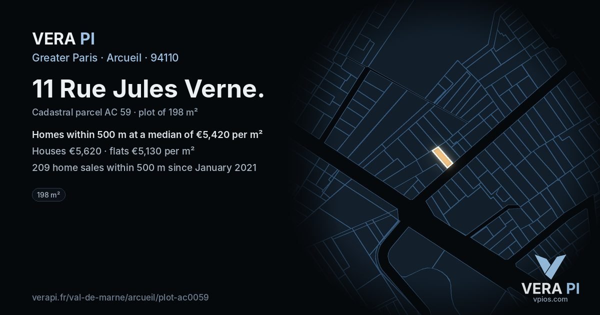 11 Rue Jules Verne, Arcueil at night – the plot lit, the parcels around coloured by the prices near them