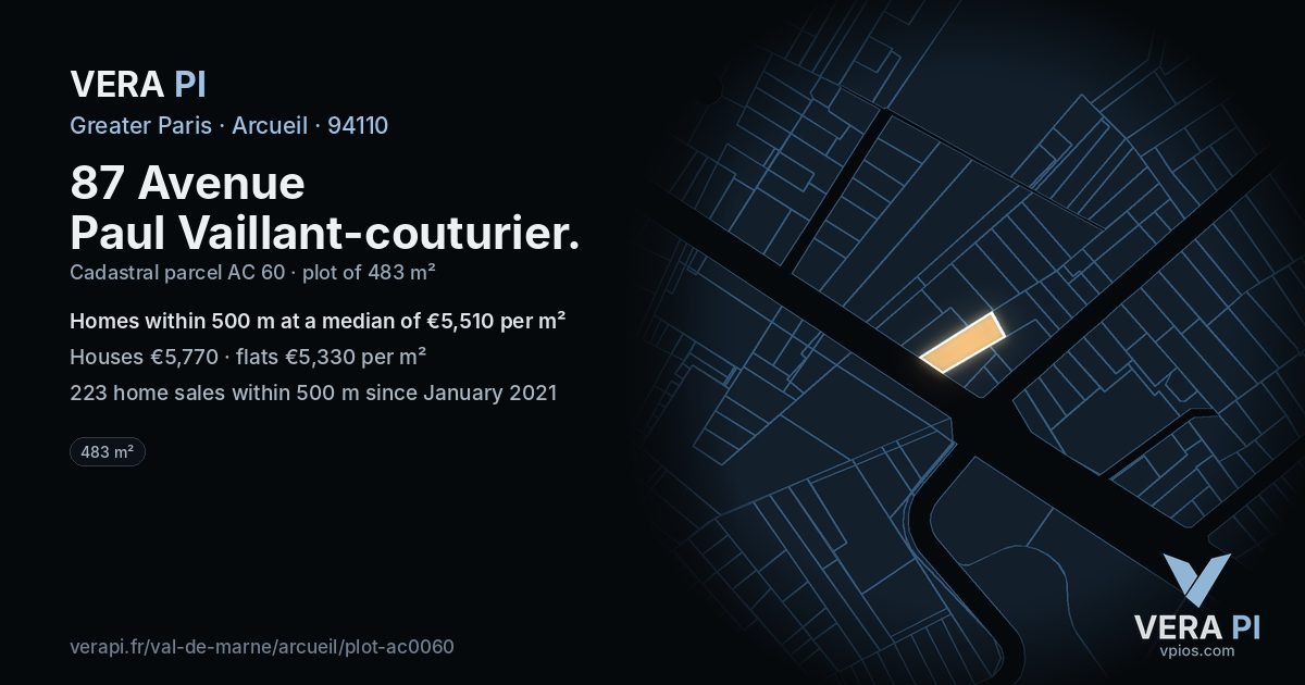87 Avenue Paul Vaillant-couturier, Arcueil at night – the plot lit, the parcels around coloured by the prices near them