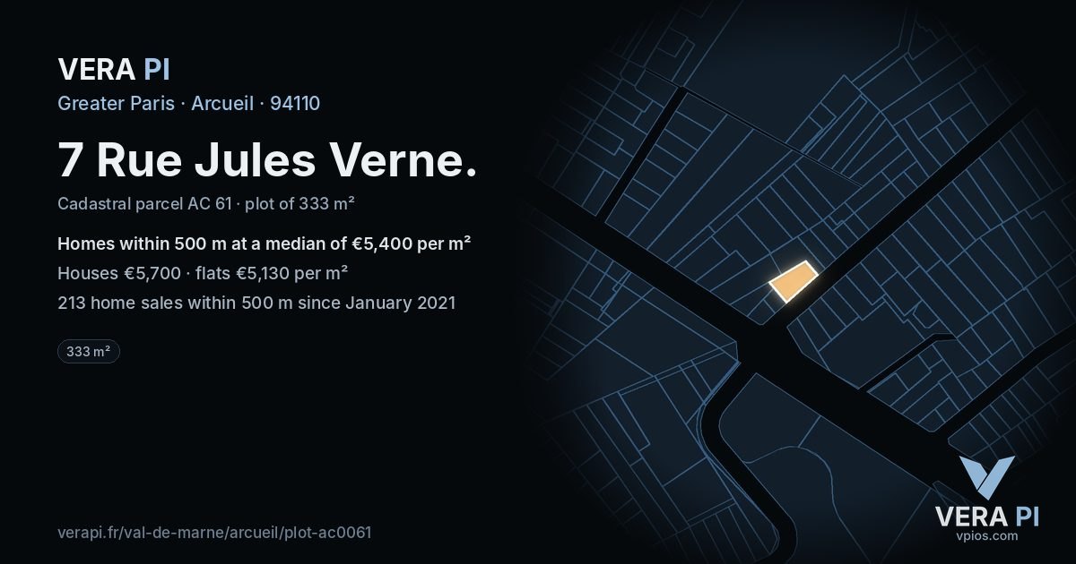 7 Rue Jules Verne, Arcueil at night – the plot lit, the parcels around coloured by the prices near them
