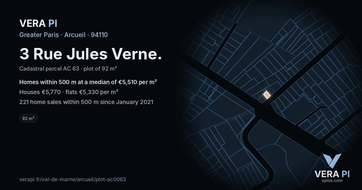 3 Rue Jules Verne, Arcueil at night – the plot lit, the parcels around coloured by the prices near them