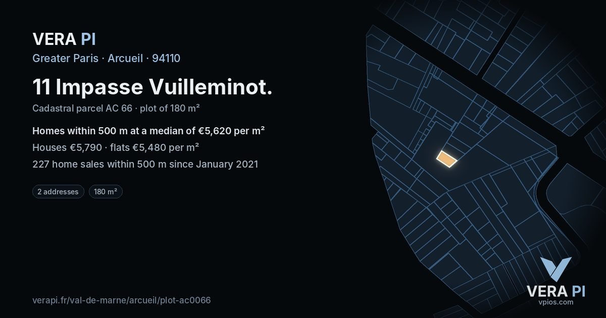 11 Impasse Vuilleminot, Arcueil at night – the plot lit, the parcels around coloured by the prices near them