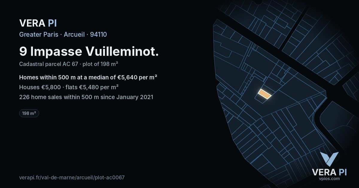 9 Impasse Vuilleminot, Arcueil at night – the plot lit, the parcels around coloured by the prices near them
