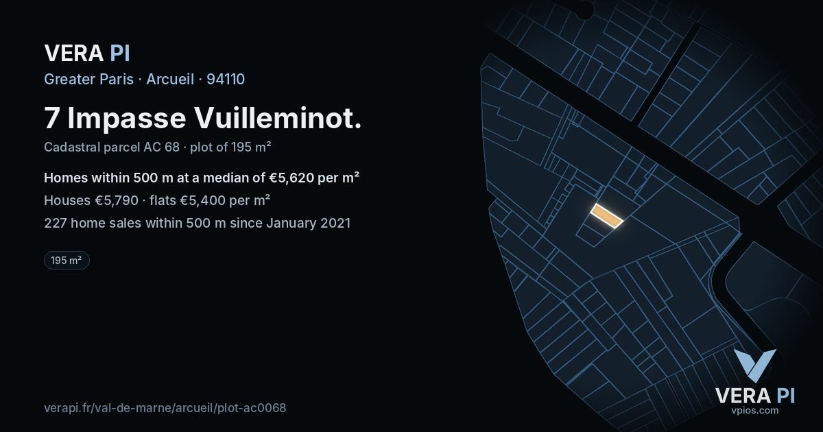 7 Impasse Vuilleminot, Arcueil at night – the plot lit, the parcels around coloured by the prices near them