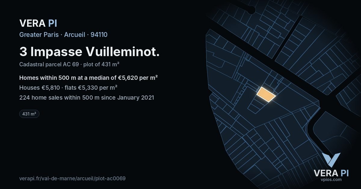 3 Impasse Vuilleminot, Arcueil at night – the plot lit, the parcels around coloured by the prices near them