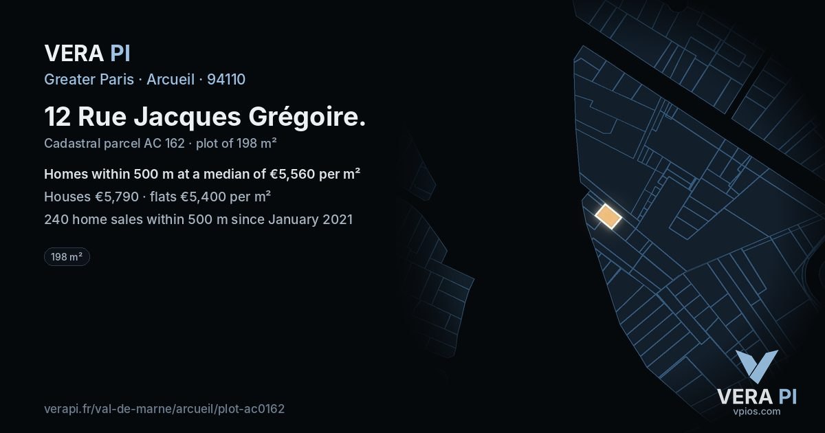 12 Rue Jacques Grégoire, Arcueil at night – the plot lit, the parcels around coloured by the prices near them