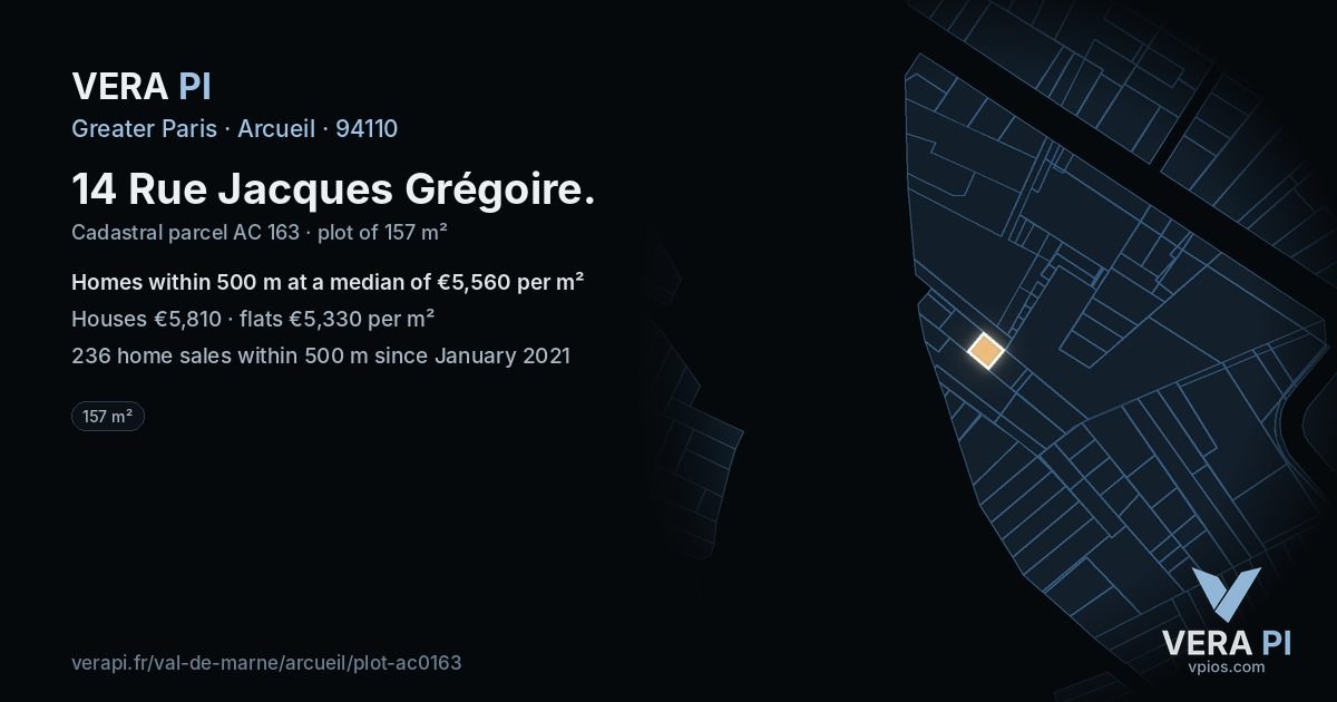 14 Rue Jacques Grégoire, Arcueil at night – the plot lit, the parcels around coloured by the prices near them