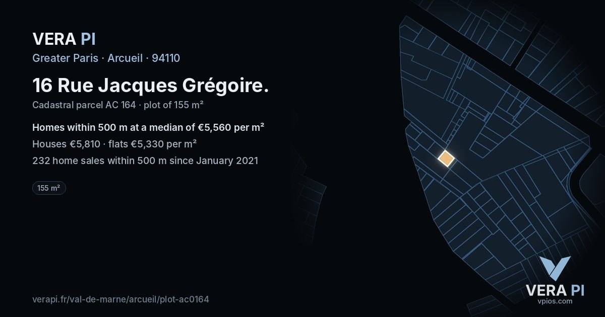 16 Rue Jacques Grégoire, Arcueil at night – the plot lit, the parcels around coloured by the prices near them