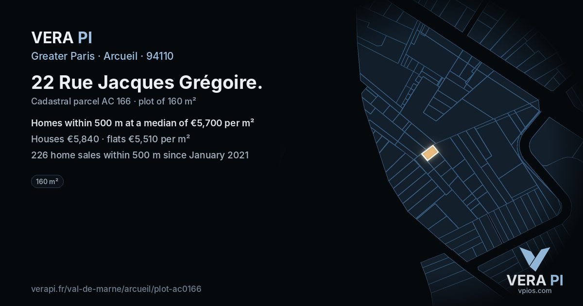 22 Rue Jacques Grégoire, Arcueil at night – the plot lit, the parcels around coloured by the prices near them