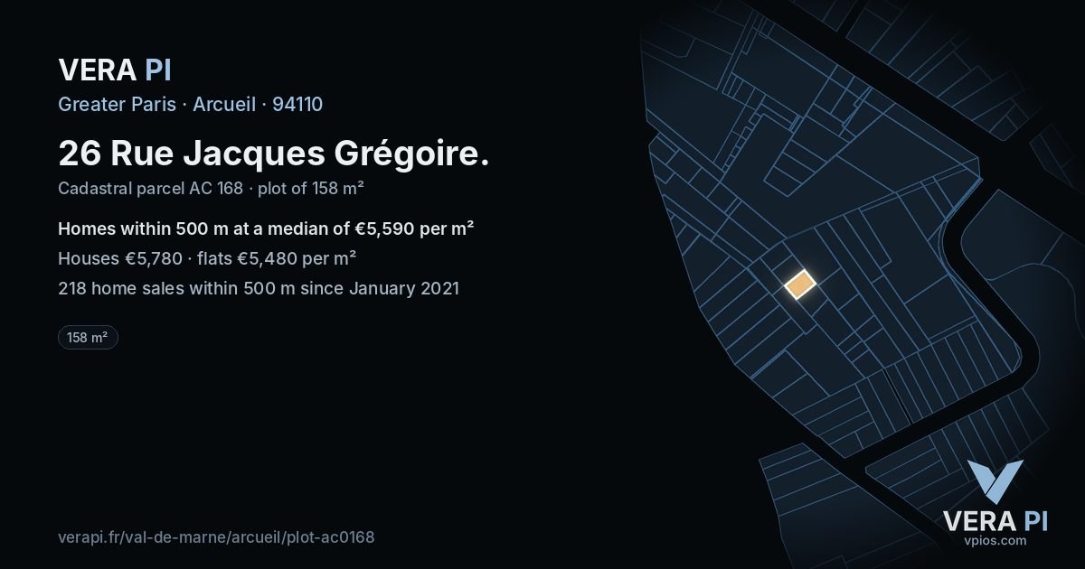26 Rue Jacques Grégoire, Arcueil at night – the plot lit, the parcels around coloured by the prices near them