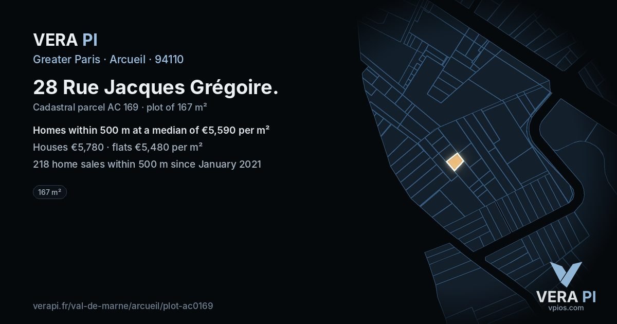 28 Rue Jacques Grégoire, Arcueil at night – the plot lit, the parcels around coloured by the prices near them