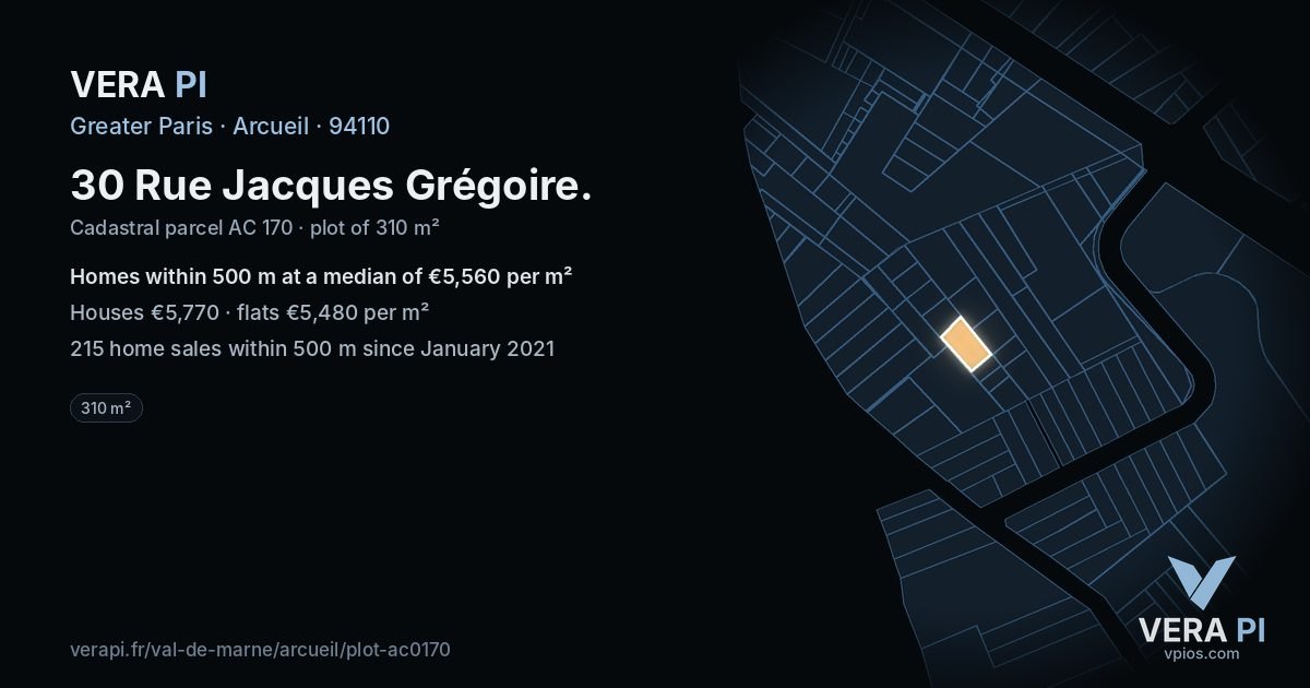 30 Rue Jacques Grégoire, Arcueil at night – the plot lit, the parcels around coloured by the prices near them