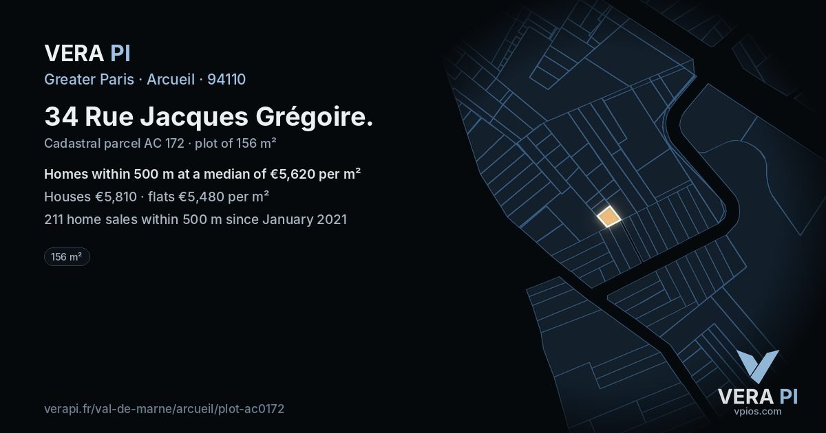 34 Rue Jacques Grégoire, Arcueil at night – the plot lit, the parcels around coloured by the prices near them